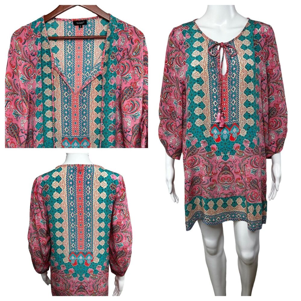 Anthropologie Tolani Silk Pink Geometric Tunic Dress Blouse Size Small Coastal - Picture 2 of 16